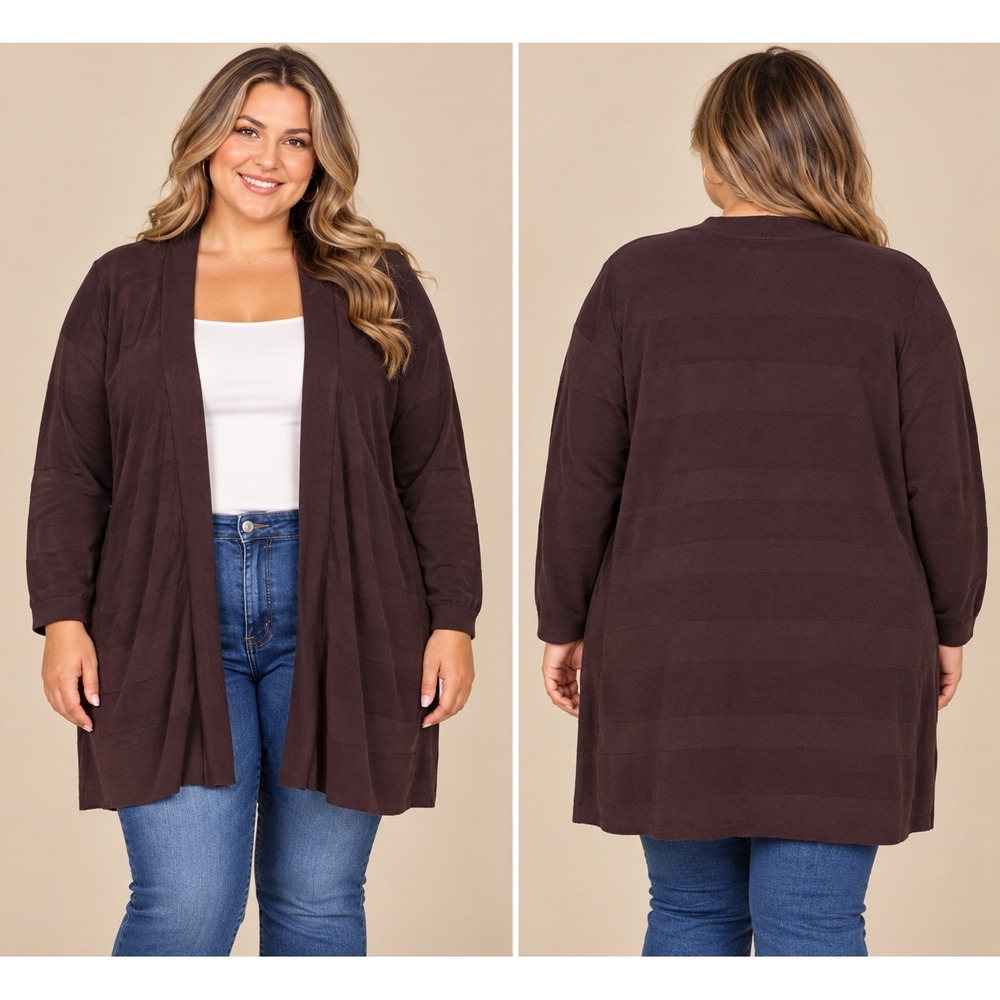 August Silk Cardigan 1X Brown Textured Open Front Longline Dark Academia Preppy